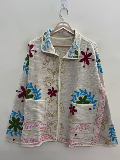 The Baghicha Bloom — Suzani Hand-Embroidered Cotton Jacket — Ivory with Cranberry, Sage & Sky Blue
