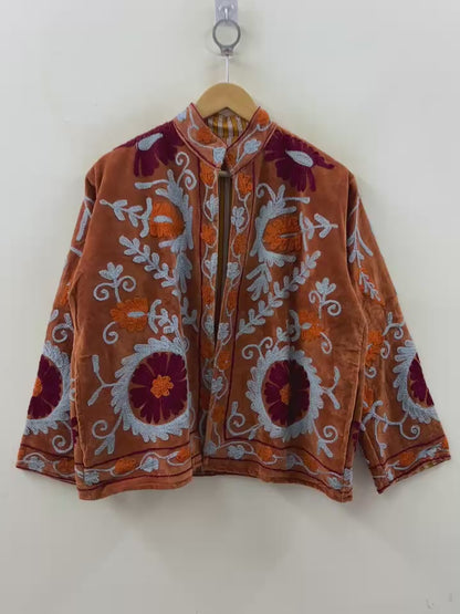 The Samarkand Bloom — Suzani Hand-Embroidered Velvet Jacket — Burnt Sienna