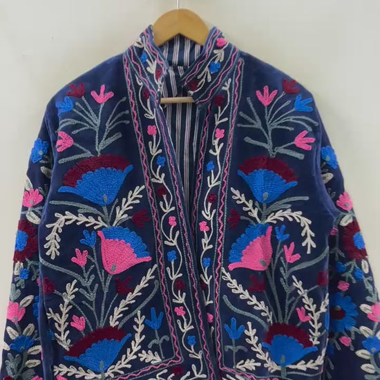 Suzani hand-embroidered indigo velvet jacket with floral bloom motifs, artisan chain-stitch embroidery handcrafted in Jaipur | Zoshak