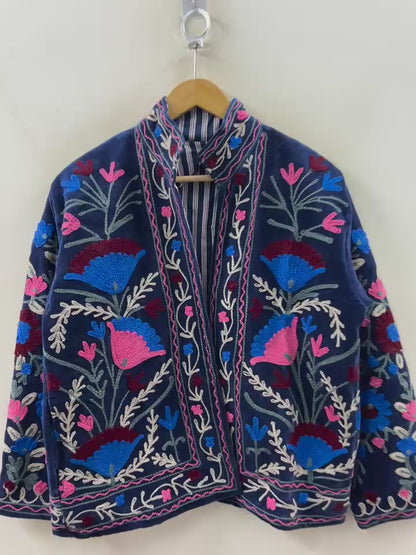 Suzani hand-embroidered indigo velvet jacket with floral bloom motifs, artisan chain-stitch embroidery handcrafted in Jaipur | Zoshak