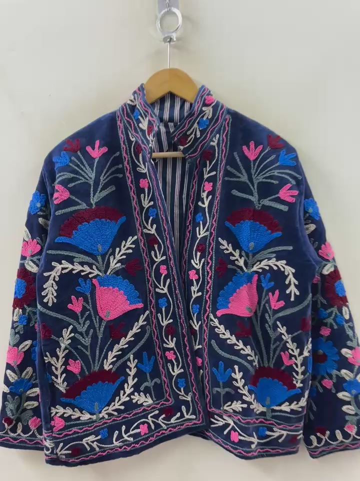 Suzani hand-embroidered indigo velvet jacket with floral bloom motifs, artisan chain-stitch embroidery handcrafted in Jaipur | Zoshak
