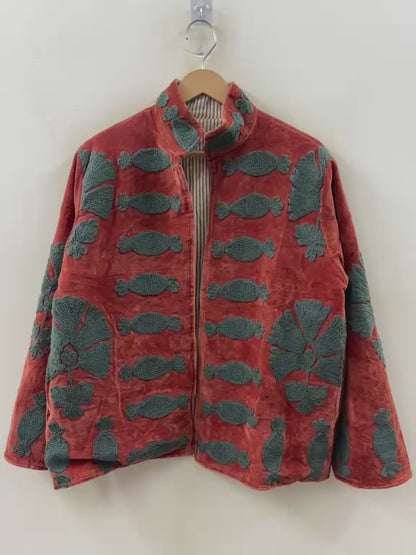 The Melon Garden — Suzani Hand-Embroidered Velvet Jacket | Terracotta & Forest Green