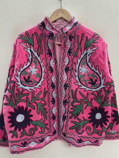 The Bagh-e-Rajasthan — Suzani Embroidered Velvet Jacket — Rani Pink