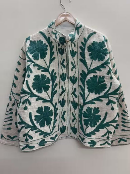The Teal Garden — Suzani Hand-Embroidered Khadi (Cotton) Jacket — Ivory & Teal