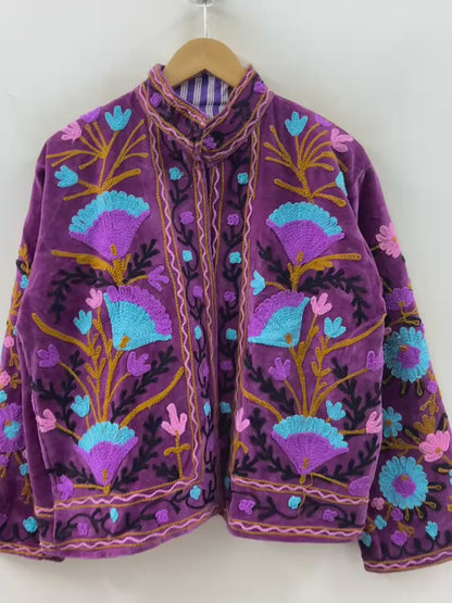 The Violet Garden — Suzani Hand-Embroidered Velvet Jacket — Aubergine & Turquoise