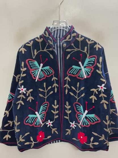 The Titli Bagh — Suzani Hand-Embroidered Velvet Jacket — Midnight Navy with Turquoise Butterflies & Gold Vines