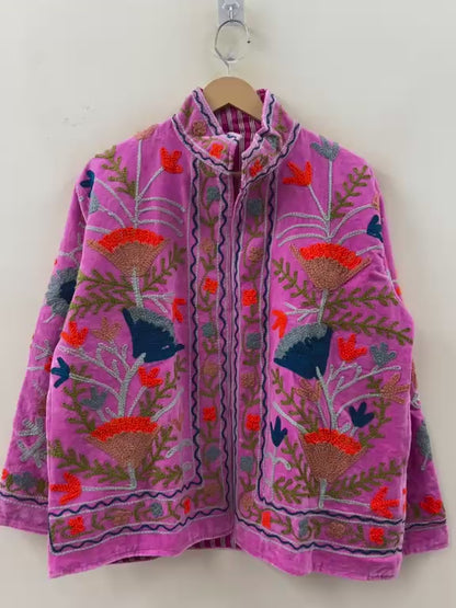 The Anaar Bloom — Suzani Hand-Embroidered Velvet Jacket — Orchid Pink with Rust, Sage & Indigo Florals