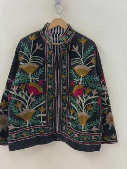 The Midnight Garden — Suzani Velvet Jacket — Charcoal Black