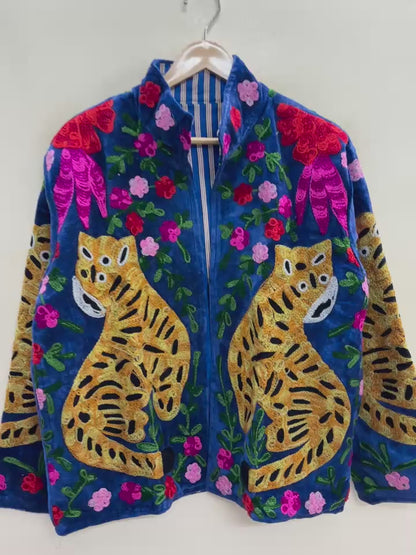 The Tiger's Garden — Suzani Embroidered Velvet Jacket — Indigo Blue with Marigold Tigers