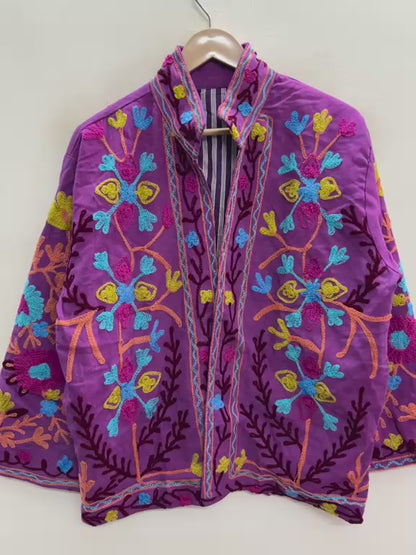 The Samarkand Bloom — Suzani Hand-Embroidered Cotton Jacket — Magenta Orchid
