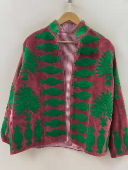 The Melon Garden — Suzani Hand-Embroidered Velvet Jacket — Terracotta & Forest Green