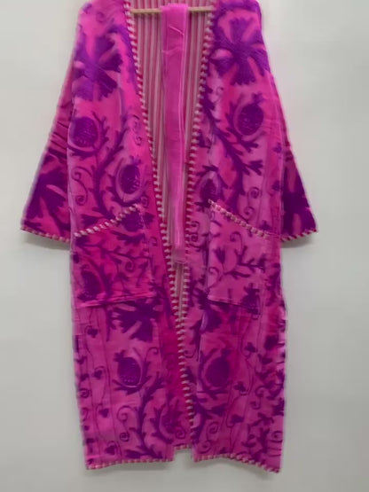 The Anarkali Bloom — Suzani Hand-Embroidered Velvet Kimono — Fuchsia Pink with Violet Pomegranate Motifs