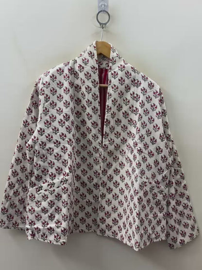 The Bagh — Hand-Embroidered Corduroy Jacket — Ivory with Ruby Florals