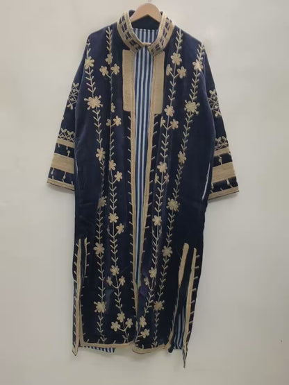 The Midnight Vine — Suzani Hand-Embroidered Velvet Kimono — Navy & Antique Gold