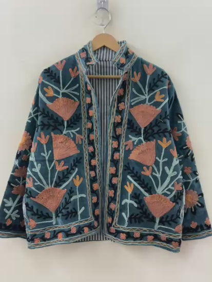Suzani hand-embroidered antique rose velvet jacket with poppy and marigold floral motifs, handcrafted in Jaipur | Zoshak