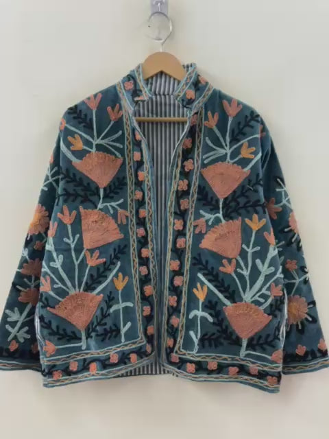 Suzani hand-embroidered antique rose velvet jacket with poppy and marigold floral motifs, handcrafted in Jaipur | Zoshak