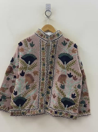 The Forest Floor — Sozni-Style Cotton Jacket — Blush Herringbone with Botanicals
