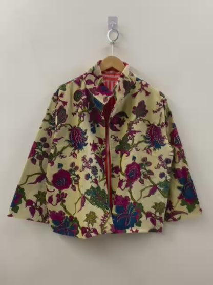 The Gulshan Baagh — Block Printed Cotton Jacket — Pale Citron & Crimson Garden