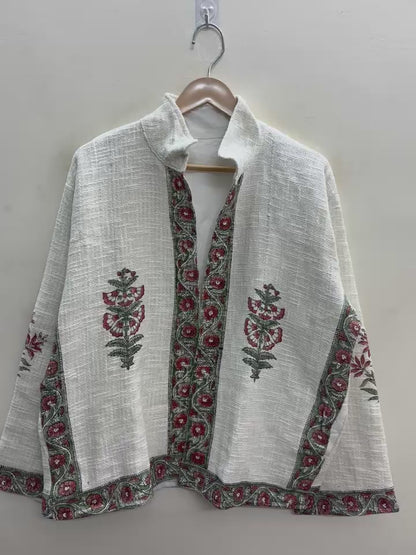 The Bagh-e-Gulab — Hand-Embroidered Cotton Jacket — Ivory with Rust Red & Sage Floral Trims