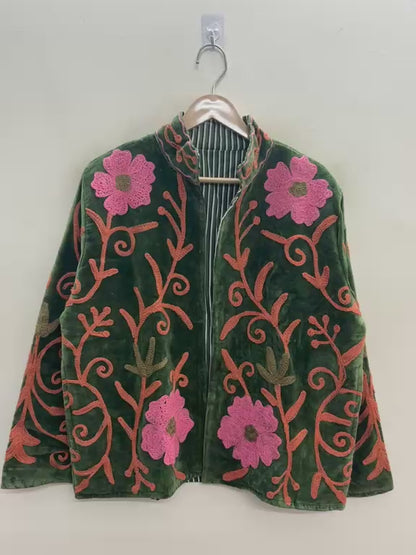 The Bagh-e-Gulab — Suzani Embroidered Velvet Jacket — Moss Green with Blossom Pink