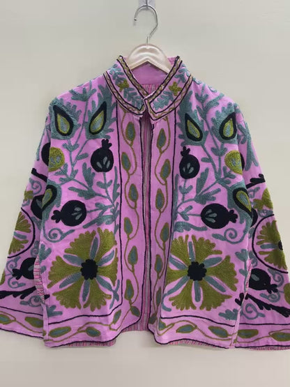 The Bagh-e-Anar — Hand-Embroidered Suzani Cotton Jacket — Orchid Pink with Olive & Slate Motifs