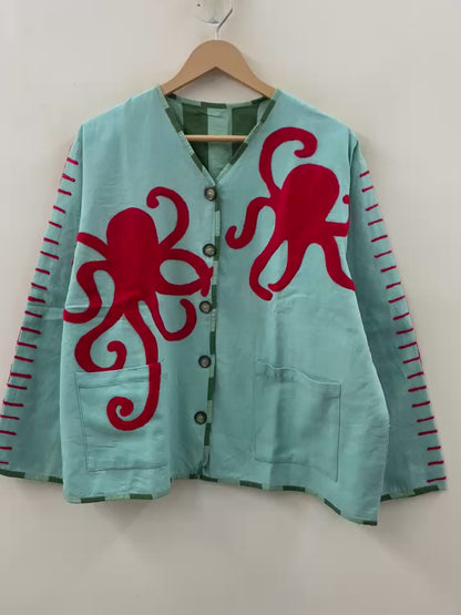 The Ink & Tide — Tufted Appliqué Cotton Jacket — Seafoam & Crimson