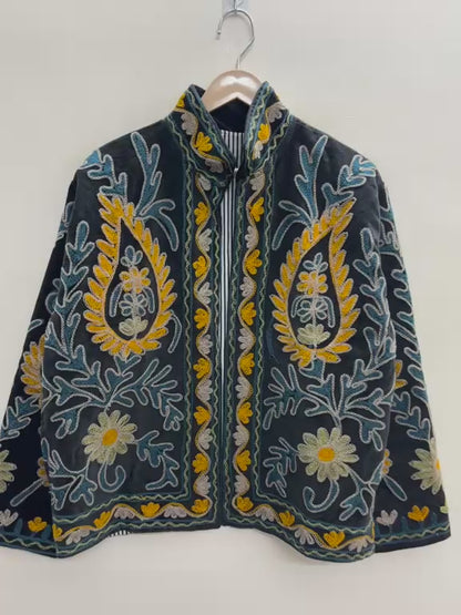 The Samarkand Night — Suzani Velvet Jacket — Midnight Black with Saffron & Teal