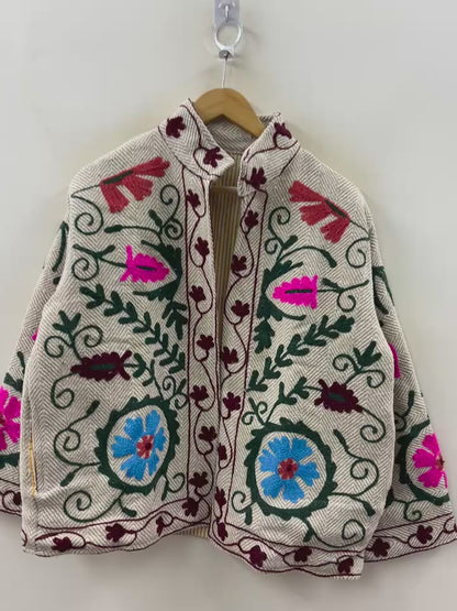 The Suzani Garden — Hand-Embroidered Cotton Jacket — Ivory & Wildflower