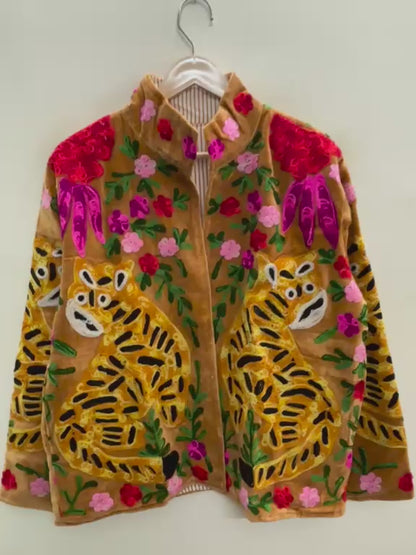 The Bagh Suzani — Hand-Embroidered Velvet Jacket — Camel Gold with Crimson & Magenta Bloom