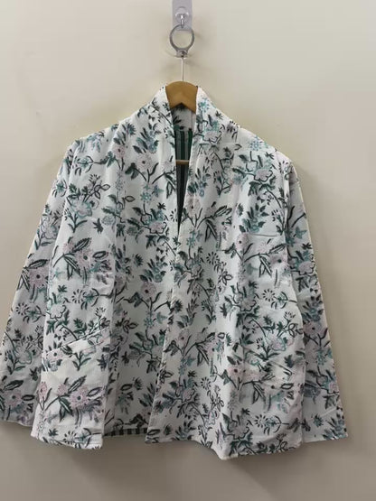 The Wildflower Reverie — Hand-print Corduroy Jacket — Ivory with Black & Teal Florals