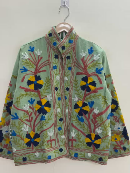 The Sage Meadow — Suzani Embroidered Cotton Jacket — Pistachio Green