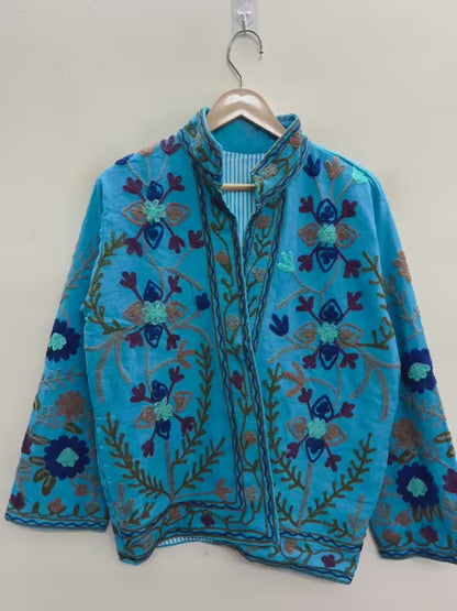 The Turquoise Zahra — Suzani Hand-Embroidered Cotton Jacket — Sky Blue with Indigo & Maroon Florals