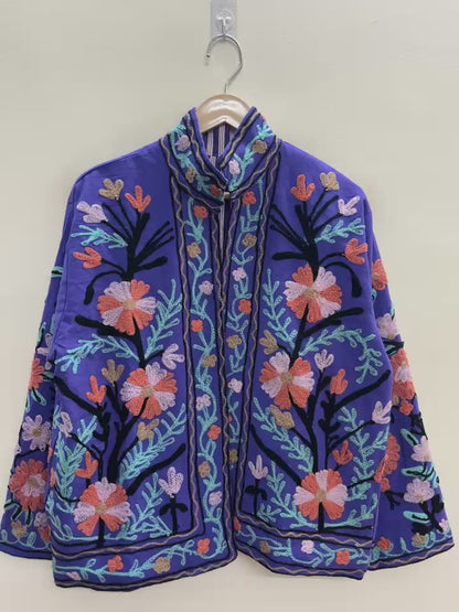 The Twilight Meadow — Suzani Embroidered Cotton Jacket — Violet & Coral Bloom