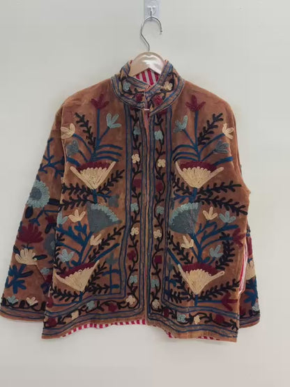 The Marwar Bloom — Suzani Embroidered Velvet Jacket — Rust Amber with Indigo & Ivory Florals