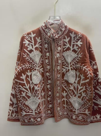The Rustan Tulip — Suzani Hand-Embroidered Velvet Jacket — Rust Brown with Ivory Floral Vinework