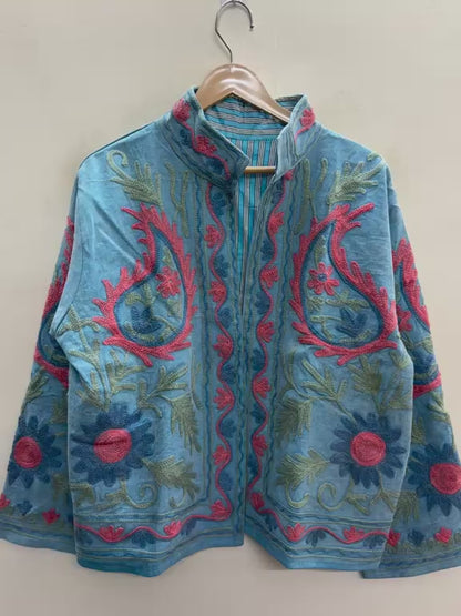 The Suzani Bloom — Suzani-Embroidered Cotton Jacket — Denim Blue with Coral & Sage Florals