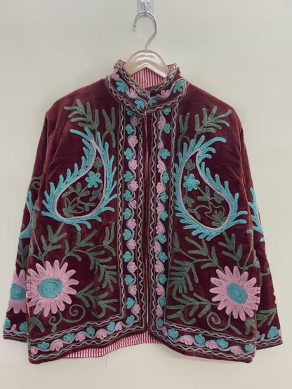 The Zafar Bloom — Suzani Embroidered Velvet Jacket — Brick Maroon with Turquoise & Rose