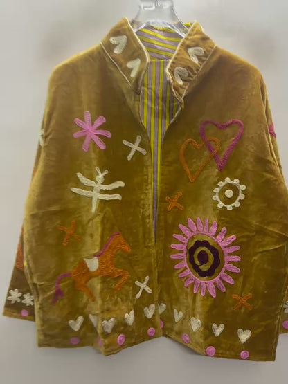 The Chidiya Bagh — Suzani Hand-Embroidered Velvet Jacket — Mustard Gold with Ivory Hummingbird & Rose Florals