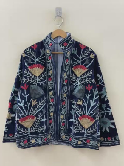 The Midnight Garden — Suzani Hand-Embroidered Velvet Jacket — Midnight Navy