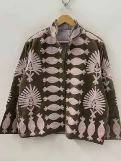 The Forest Bloom — Suzani Hand-Embroidered Velvet Jacket — Moss & Blush