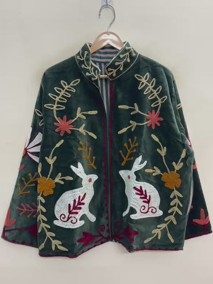 The Moonlit Hare — Suzani Embroidered Velvet Jacket — Forest Green