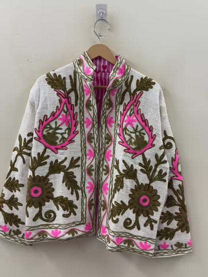 The Zafira — Hand-Embroidered Suzani Cotton Jacket — Ivory with Olive & Fuchsia Bloom