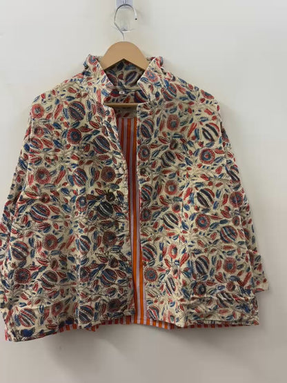 The Blooming Garden — Hand-Embroidered Corduroy Jacket — Cream with Red & Indigo Florals
