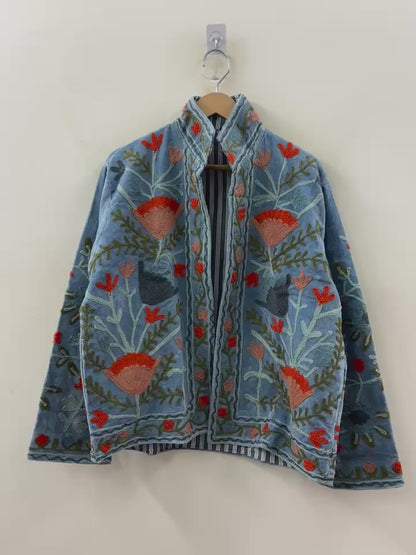 The Poppy Garden — Suzani Embroidered Velvet Jacket — Washed Slate Blue
