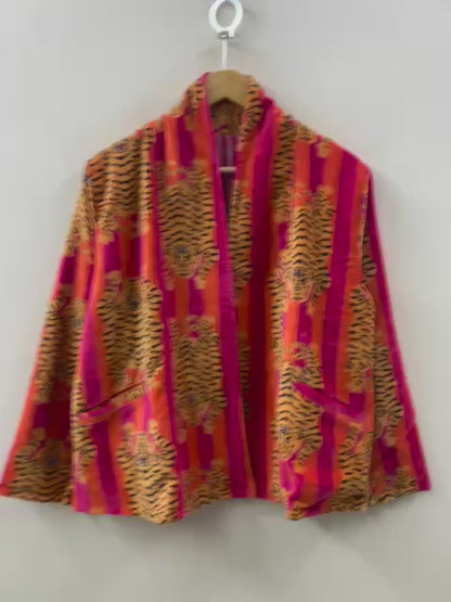 The Tiger Durbar — Velvet Printed Jacket — Saffron, Crimson & Magenta Stripe
