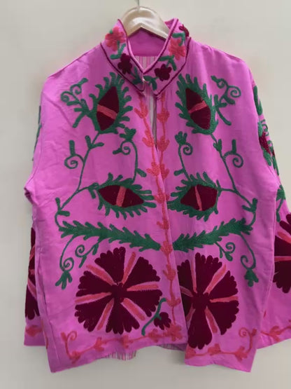 The Bibi Blossom — Suzani Hand-Embroidered Cotton Jacket — Fuchsia Pink with Maroon & Forest Green Florals