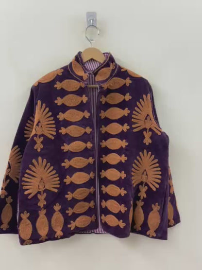 The Amethyst Darbar — Suzani Hand-Embroidered Velvet Jacket — Deep Violet & Saffron Gold