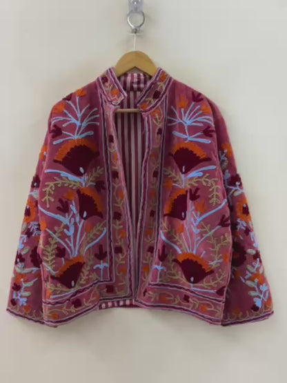 The Marigold Caravan — Suzani Hand-Embroidered Velvet Jacket — Dusty Rose & Saffron