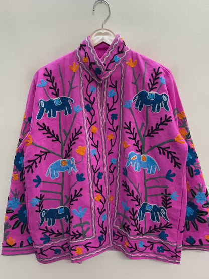 The Fuchsia Elephant Trail — Suzani Hand-Embroidered Cotton Jacket — Magenta Pink with Indigo Blue & Marigold Orange