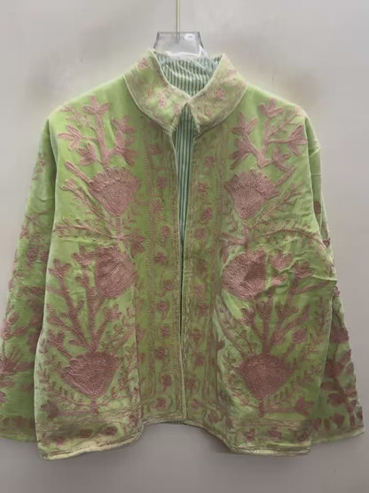 The Pista Bostan — Suzani Hand-Embroidered Velvet Jacket — Pistachio Green with Dusty Rose Florals